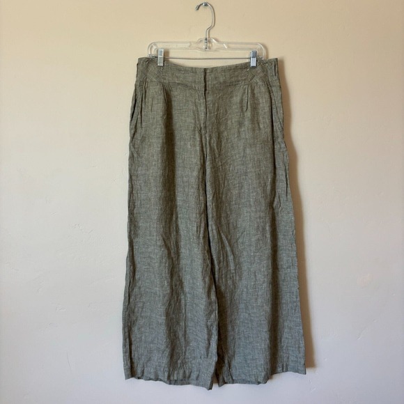 Poetry Women's 12 Wide Leg 100% Linen Green Trousers Pants Boho Comfort Travel - Picture 1 of 15